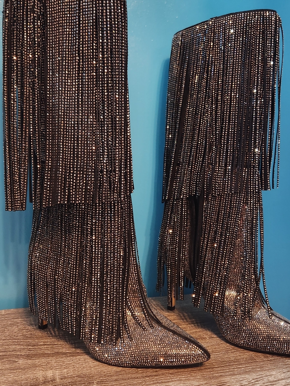 NEW No Box INC International Concepts Black Fringe Boots with Silver Rhinestones